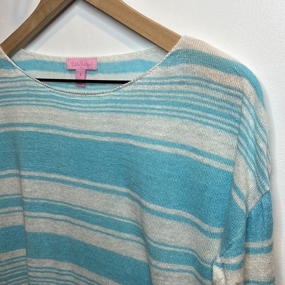Lilly Pulitzer 100% Linen Alana Sweater in Coconut Row Stripes Aqua Blue Small - Picture 2 of 9